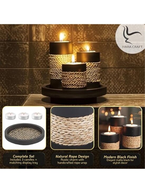 3 Metal Candle Holders with Torched Wood Tray and Artificial  Set of 3 Rustic Black Wooden Candle Holders with Tray